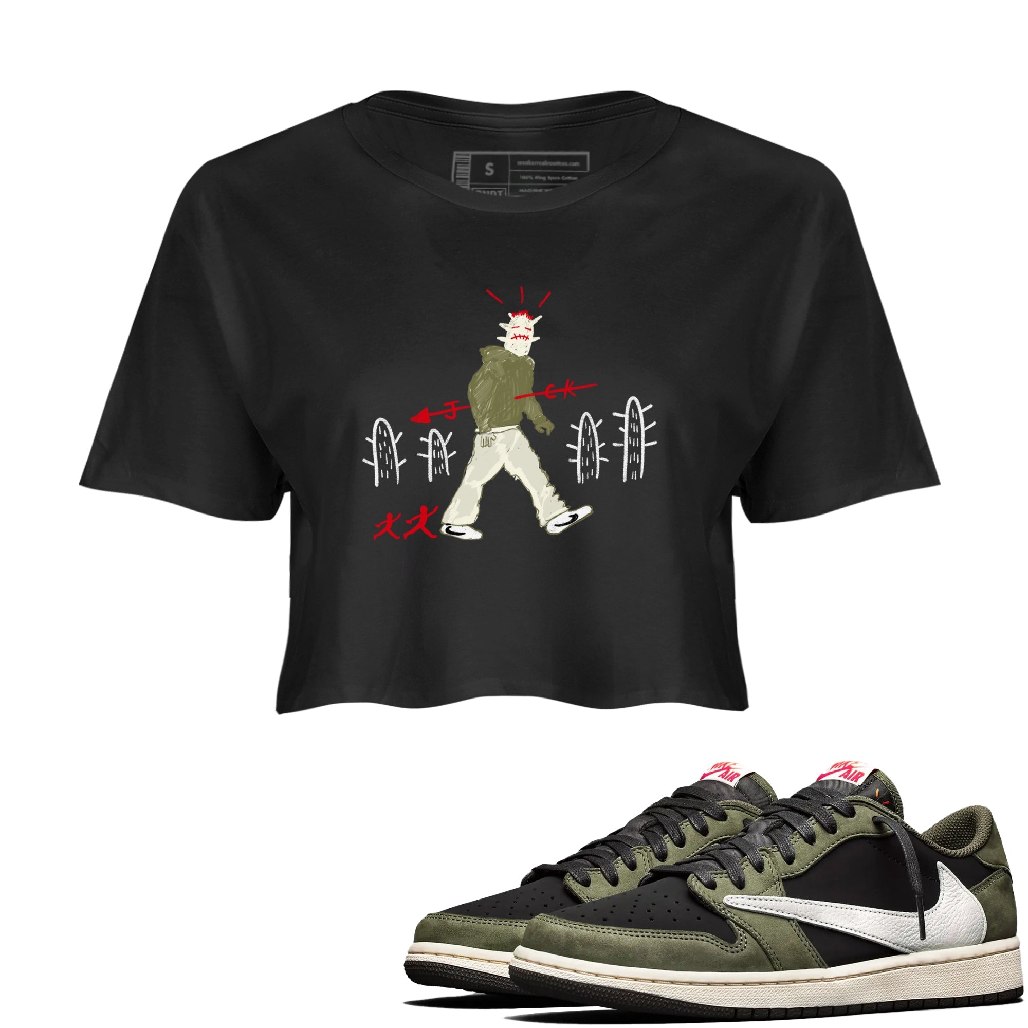 1s Travis Scott Black Olive shirts to match jordans Cactus Man sneaker match tees Air Jordan 1 Travis Scott Black Olive Drip Gear Zone streetwear brand Black 1 crop tee