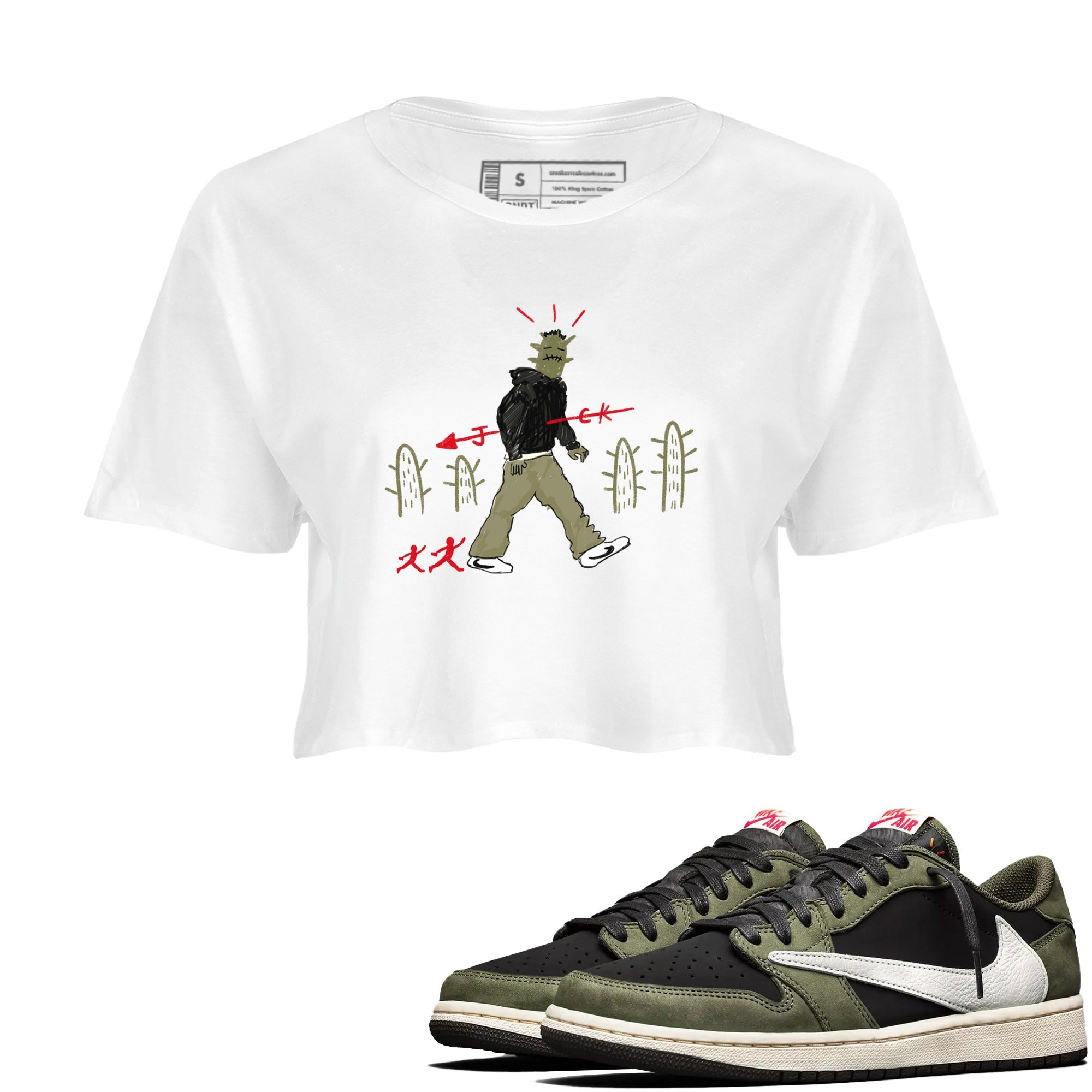 1s Travis Scott Black Olive shirts to match jordans Cactus Man sneaker match tees Air Jordan 1 Travis Scott Black Olive Drip Gear Zone streetwear brand White 1 crop tee