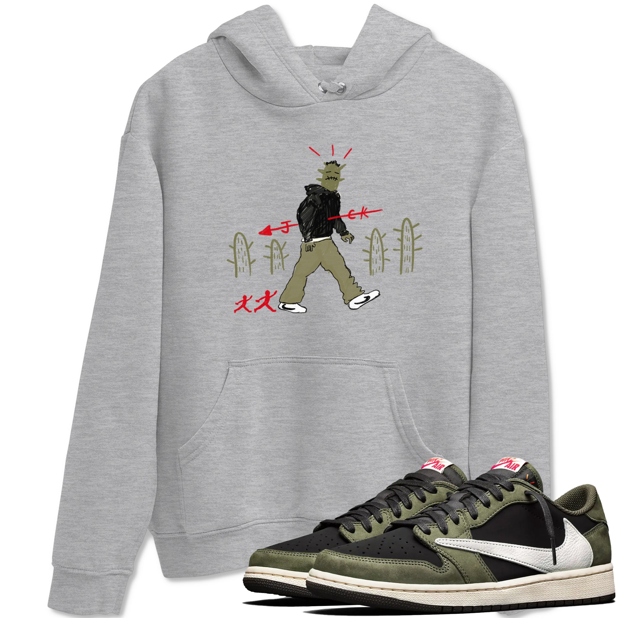 1s Travis Scott Black Olive shirts to match jordans Cactus Man sneaker match tees Air Jordan 1 Travis Scott Black Olive Drip Gear Zone streetwear brand Heather Grey 1 unisex cotton tee