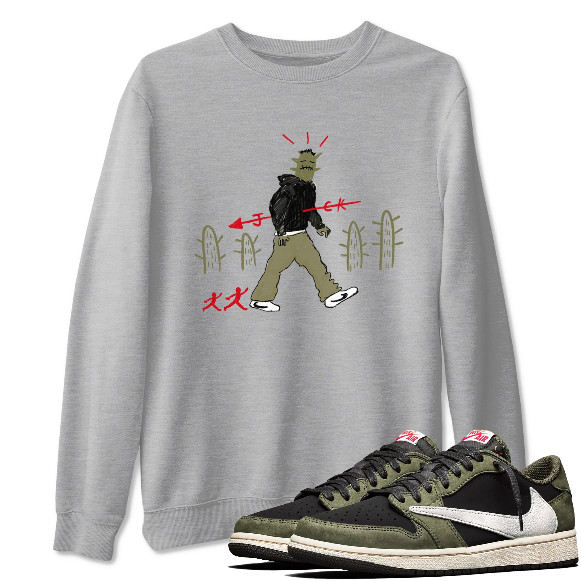 1s Travis Scott Black Olive shirts to match jordans Cactus Man sneaker match tees Air Jordan 1 Travis Scott Black Olive Drip Gear Zone streetwear brand Heather Grey 1 unisex cotton tee