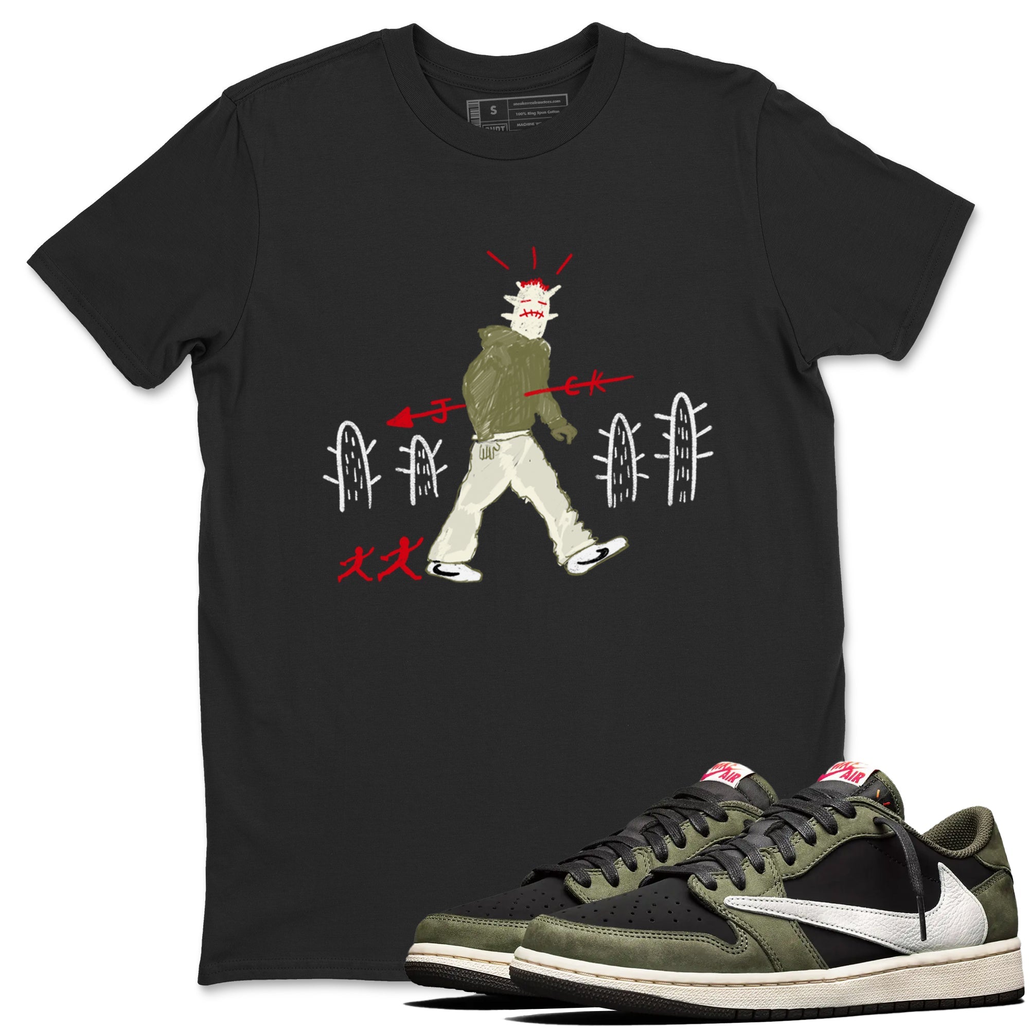 1s Travis Scott Black Olive shirts to match jordans Cactus Man sneaker match tees Air Jordan 1 Travis Scott Black Olive Drip Gear Zone streetwear brand Black 1 unisex cotton tee