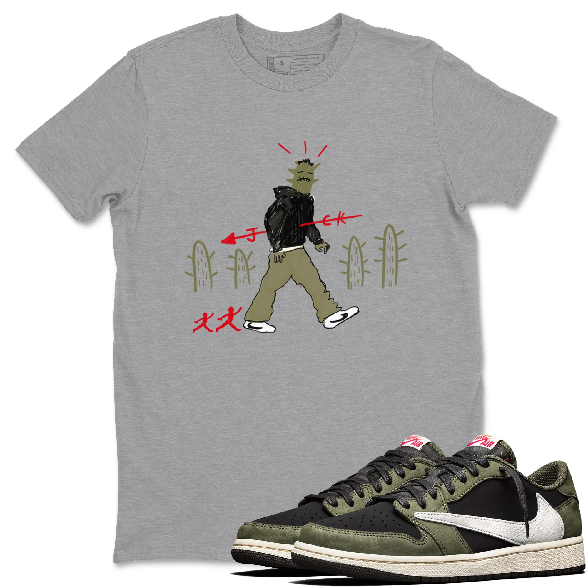 1s Travis Scott Black Olive shirts to match jordans Cactus Man sneaker match tees Air Jordan 1 Travis Scott Black Olive Drip Gear Zone streetwear brand Heather Grey 1 unisex cotton tee