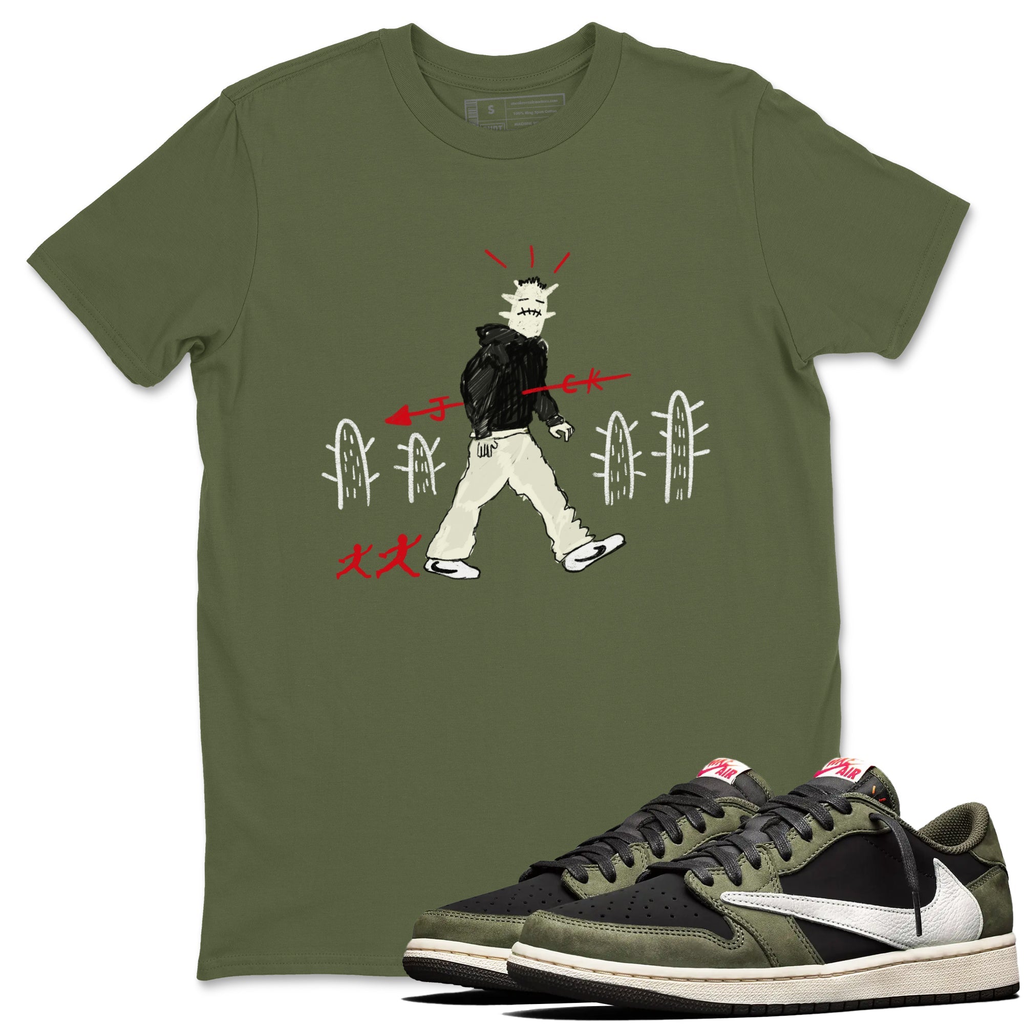 1s Travis Scott Black Olive shirts to match jordans Cactus Man sneaker match tees Air Jordan 1 Travis Scott Black Olive Drip Gear Zone streetwear brand Military Green 1 unisex cotton tee