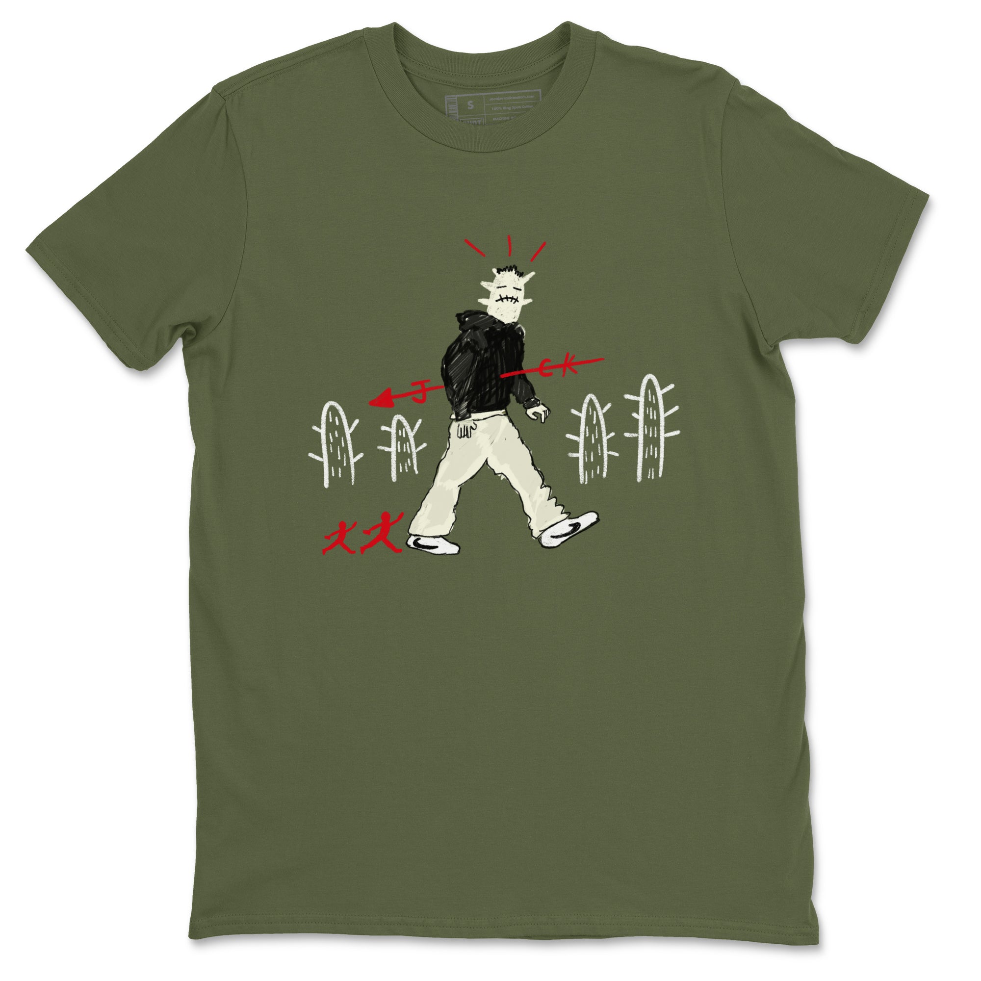 1s Travis Scott Black Olive shirts to match jordans Cactus Man sneaker match tees Air Jordan 1 Travis Scott Black Olive Drip Gear Zone streetwear brand Military Green 2 unisex cotton tee