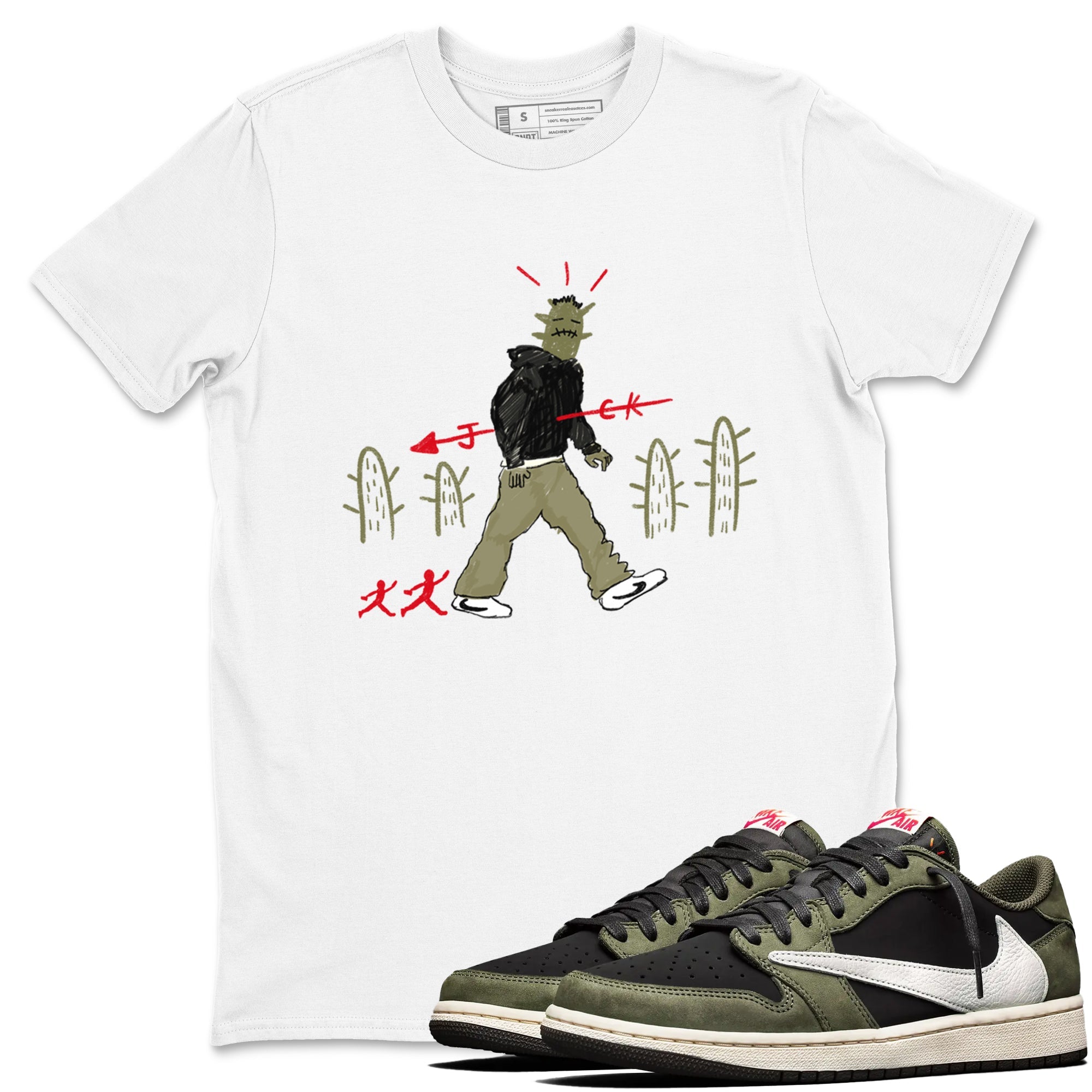 1s Travis Scott Black Olive shirts to match jordans Cactus Man sneaker match tees Air Jordan 1 Travis Scott Black Olive Drip Gear Zone streetwear brand White 1 unisex cotton tee