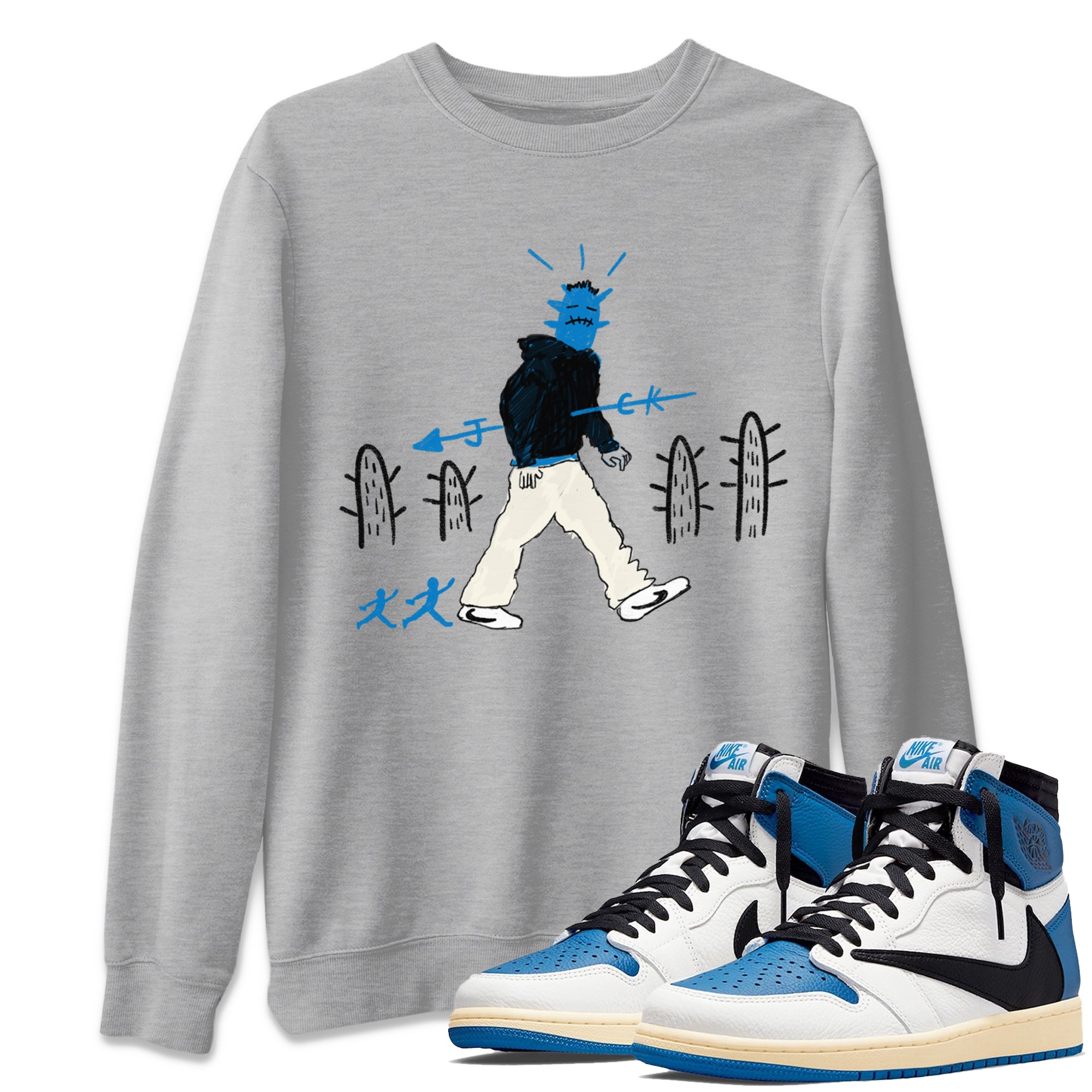 Air Jordan 1 x Travis Scott x Fragment shirt to match jordans Cactus Man sneaker tees 1s Travis Scott Fragment Streetwear Brand Drip Gear Zone unisex cotton Heather Grey 1 crew neck shirt