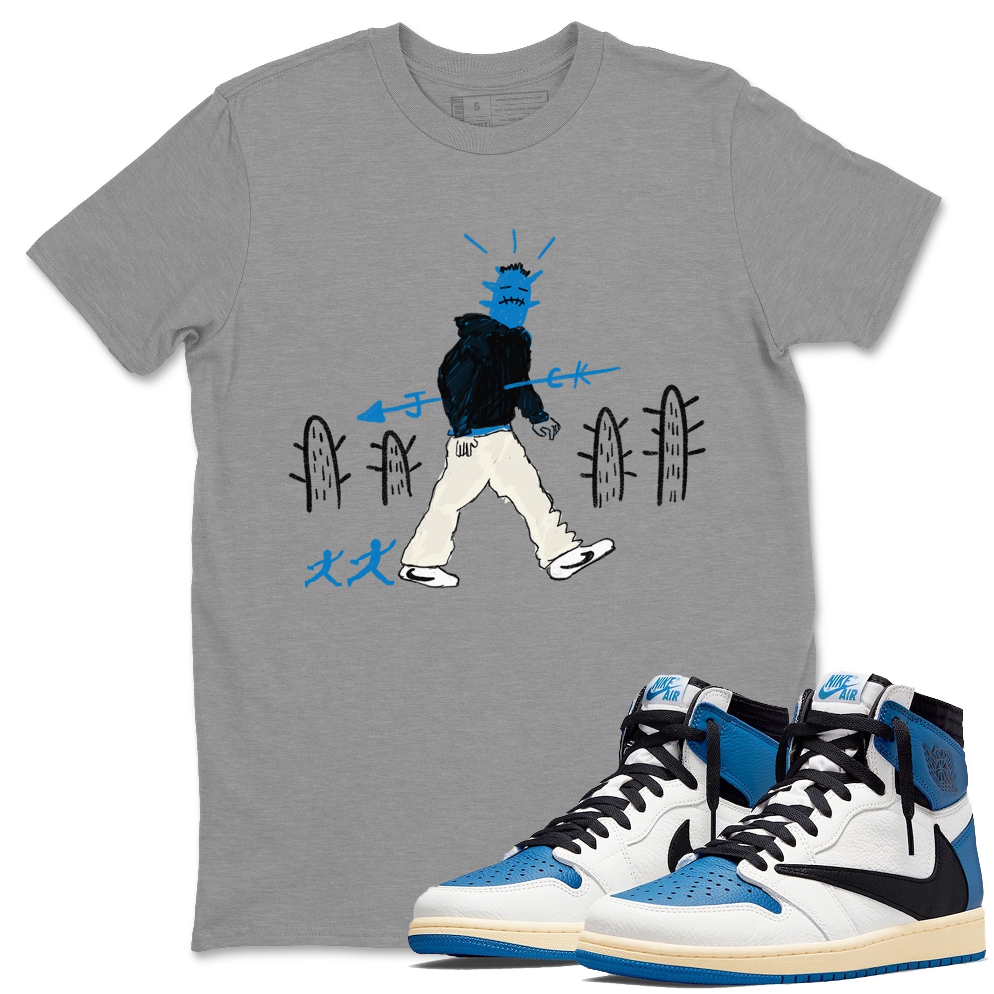 Air Jordan 1 x Travis Scott x Fragment shirt to match jordans Cactus Man sneaker tees 1s Travis Scott Fragment Streetwear Brand Drip Gear Zone unisex cotton Heather Grey 1 crew neck shirt