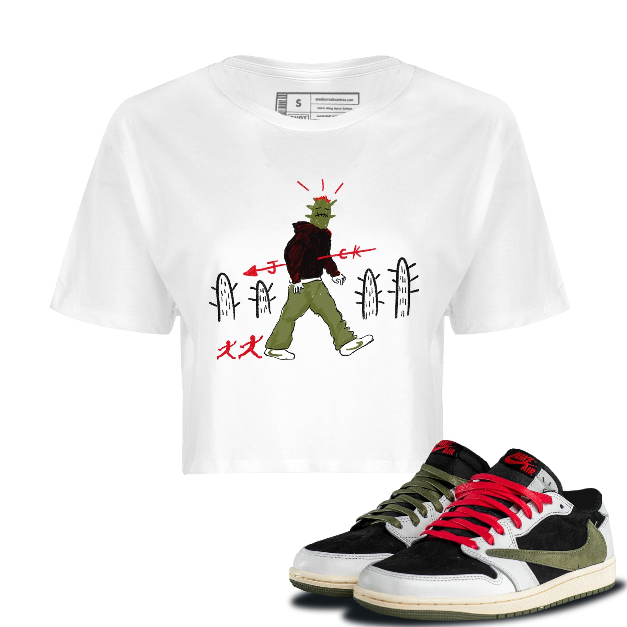 Air Jordan 1 Travis Scott Olive shirt to match jordans Cactus Man sneaker tees Air Jordan 1 x Travis Scott x Olive Streetwear Brand Drip Gear Zone White 1 crop length shirt