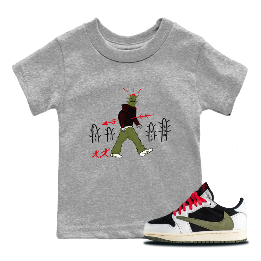 Air Jordan 1 Travis Scott Olive shirt to match jordans Cactus Man sneaker tees Air Jordan 1 Travis Scott Olive Drip Gear Zone baby toddler Heather Grey 1 cotton Shirt