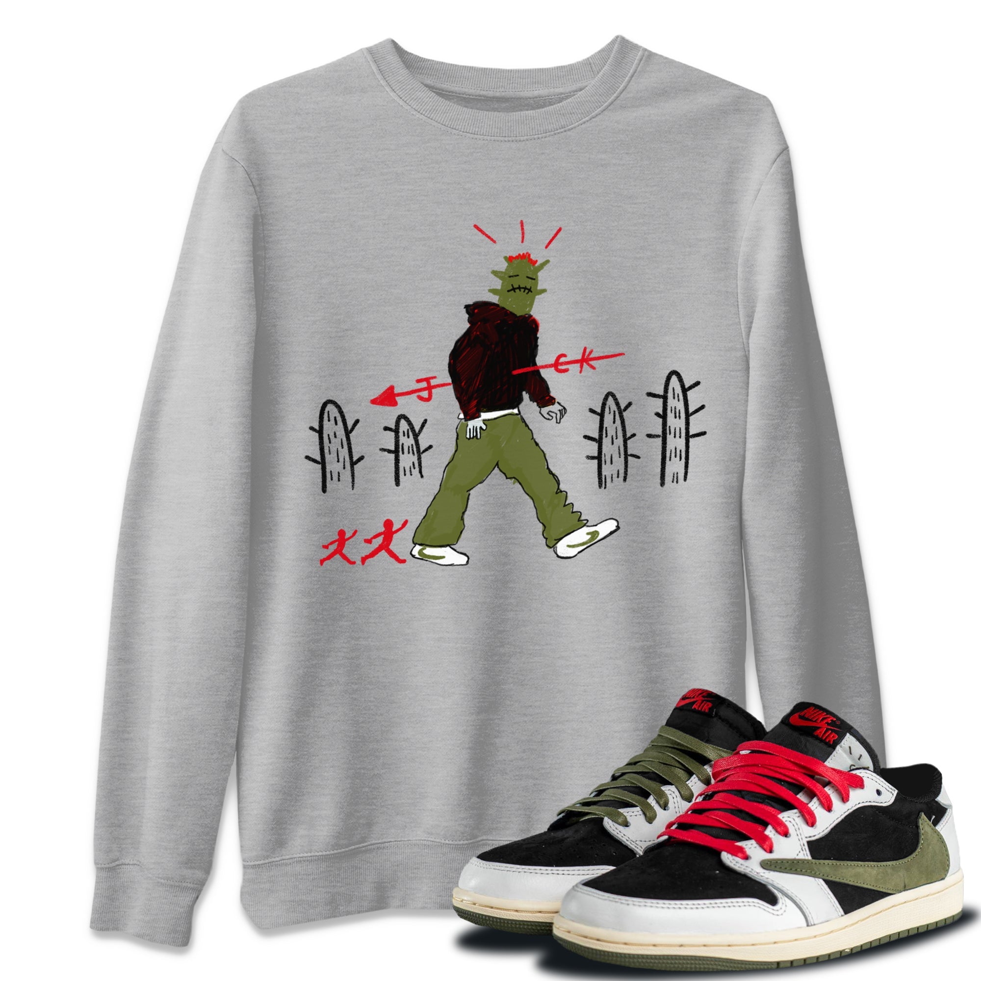Air Jordan 1 Travis Scott Olive shirt to match jordans Cactus Man sneaker tees Air Jordan 1 x Travis Scott x Olive Streetwear Brand Drip Gear Zone unisex cotton Heather Grey 1 crew neck shirt