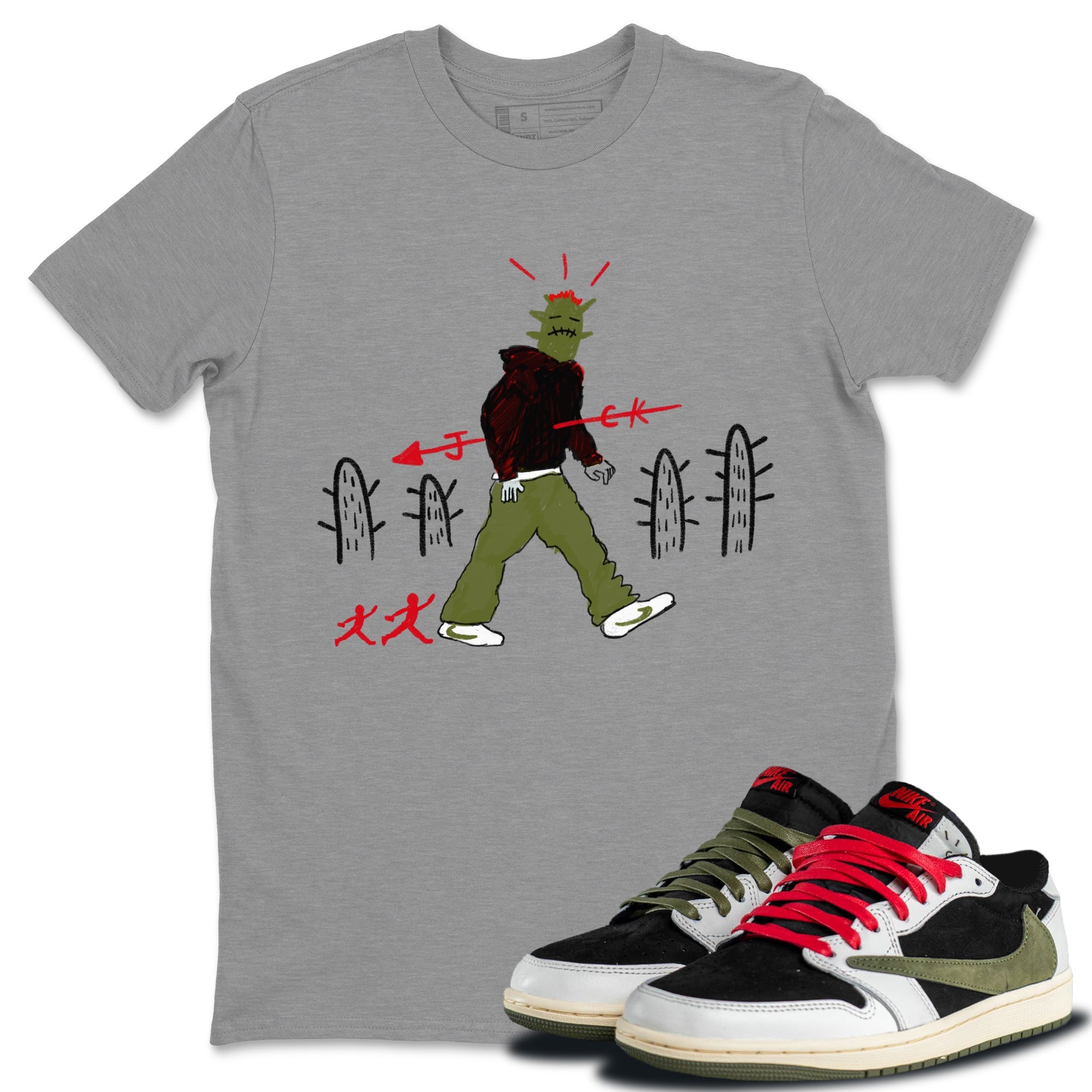 Air Jordan 1 Travis Scott Olive shirt to match jordans Cactus Man sneaker tees Air Jordan 1 x Travis Scott x Olive Streetwear Brand Drip Gear Zone unisex cotton Heather Grey 1 crew neck shirt