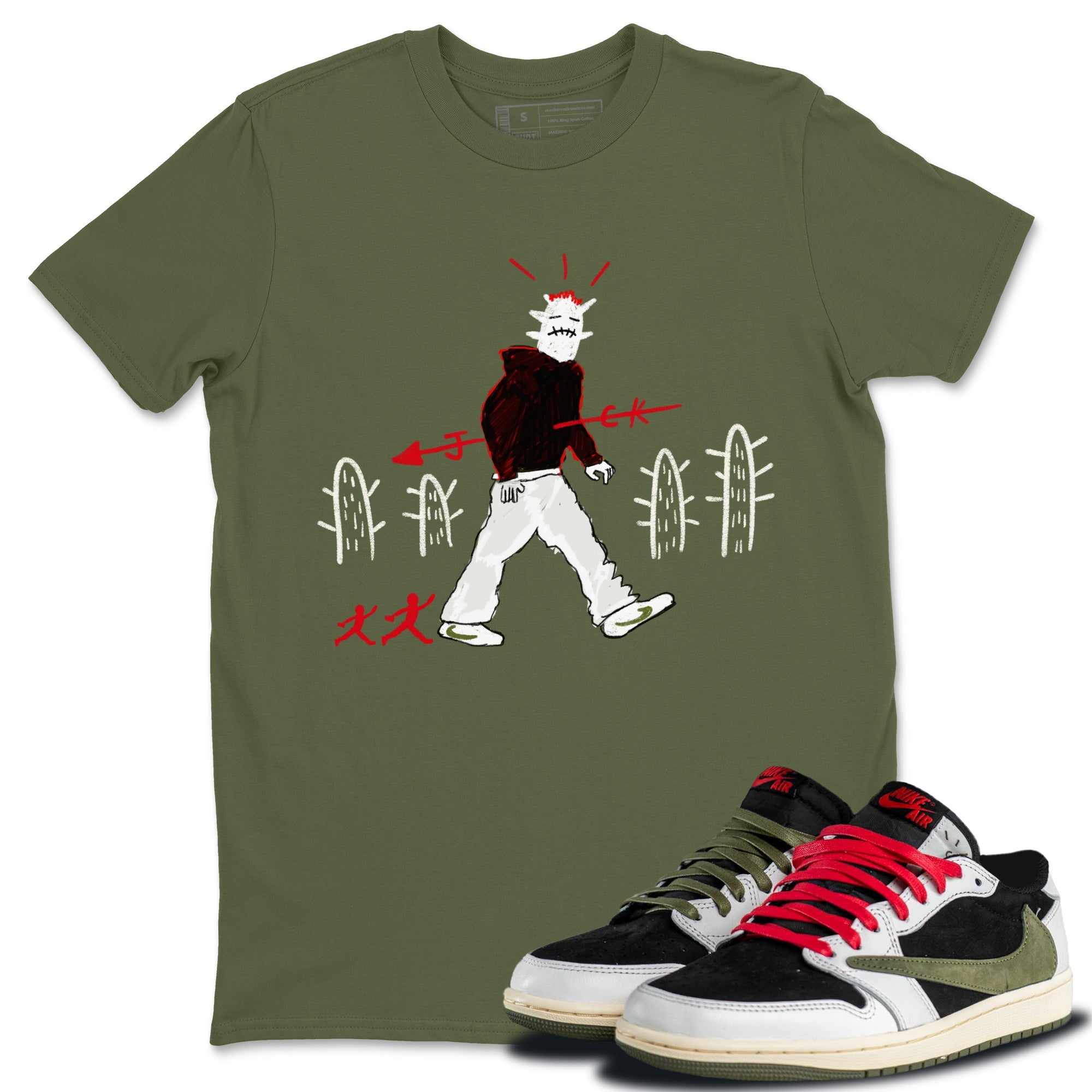 Air Jordan 1 Travis Scott Olive shirt to match jordans Cactus Man sneaker tees Air Jordan 1 x Travis Scott x Olive Streetwear Brand Drip Gear Zone unisex cotton Military Green 1 crew neck shirt