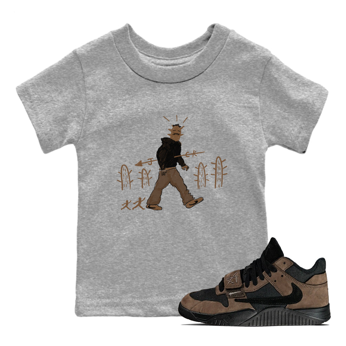 Jordan Jumpman Jack Travis Scott Dark Mocha shirts to match jordans Cactus Man sneaker match tees Jordan Jumpman Jack Travis Scott Dark Mocha match shoes to clothes Drip Gear Zone Youth Baby Heather Grey 1 tee
