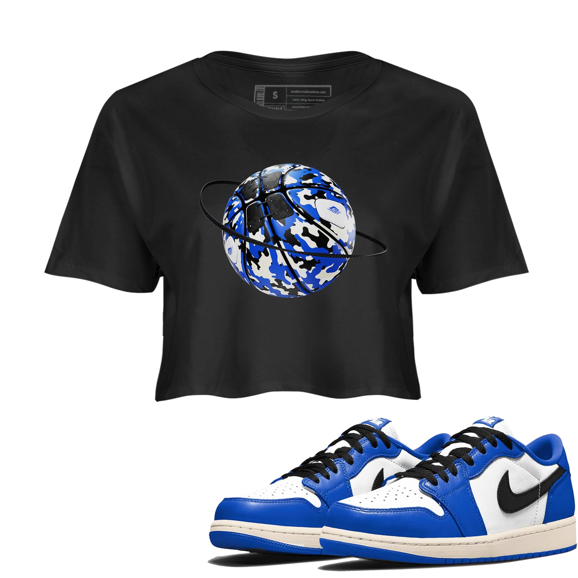 AJ1 Game Royal shirt to match jordans Camo Basketball Planet sneaker tees Air Jordan 1 Game Royal Drip Gear Zone Black 1 crop length shirt
