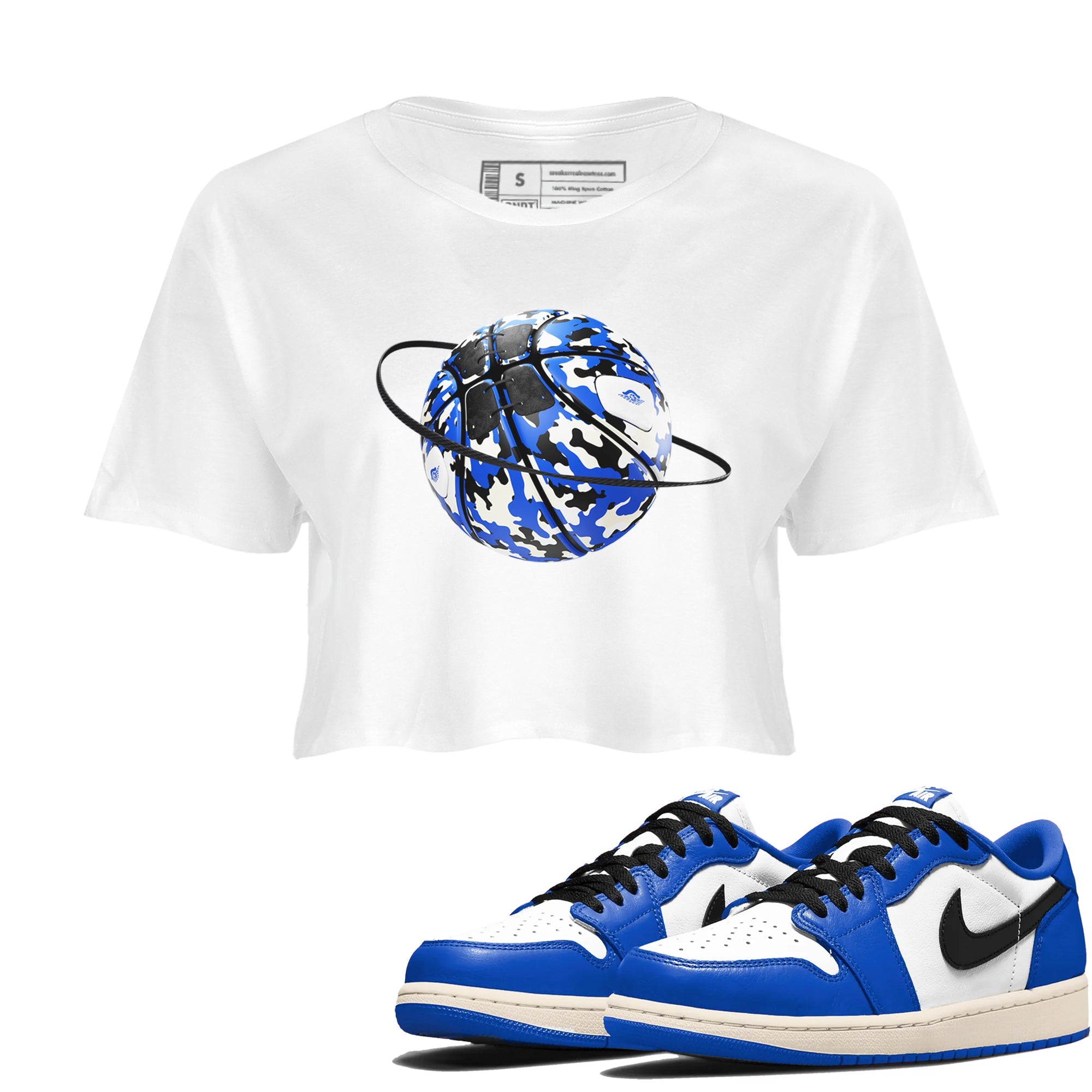 AJ1 Game Royal shirt to match jordans Camo Basketball Planet sneaker tees Air Jordan 1 Game Royal Drip Gear Zone White 1 crop length shirt