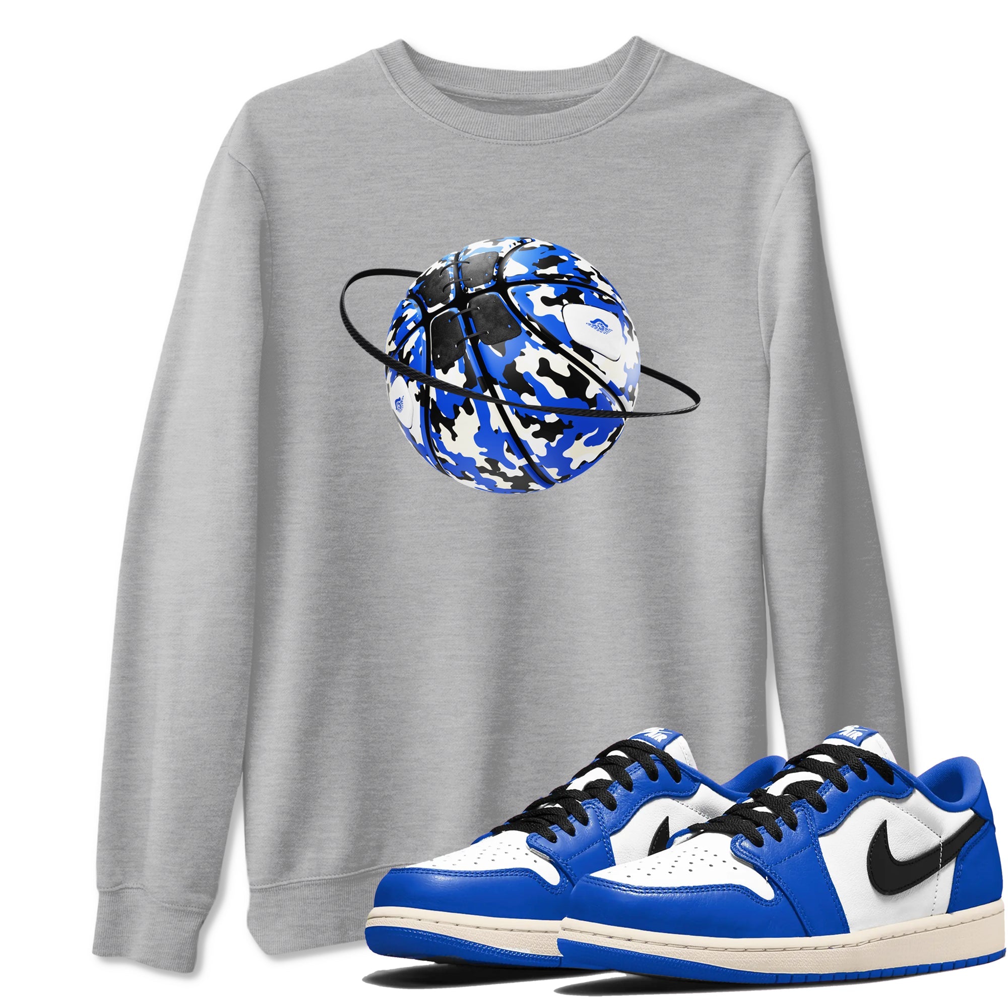 AJ1 Game Royal shirt to match jordans Camo Basketball Planet sneaker tees Air Jordan 1 Game Royal Drip Gear Zone unisex cotton Heather Grey 1 crew neck shirt