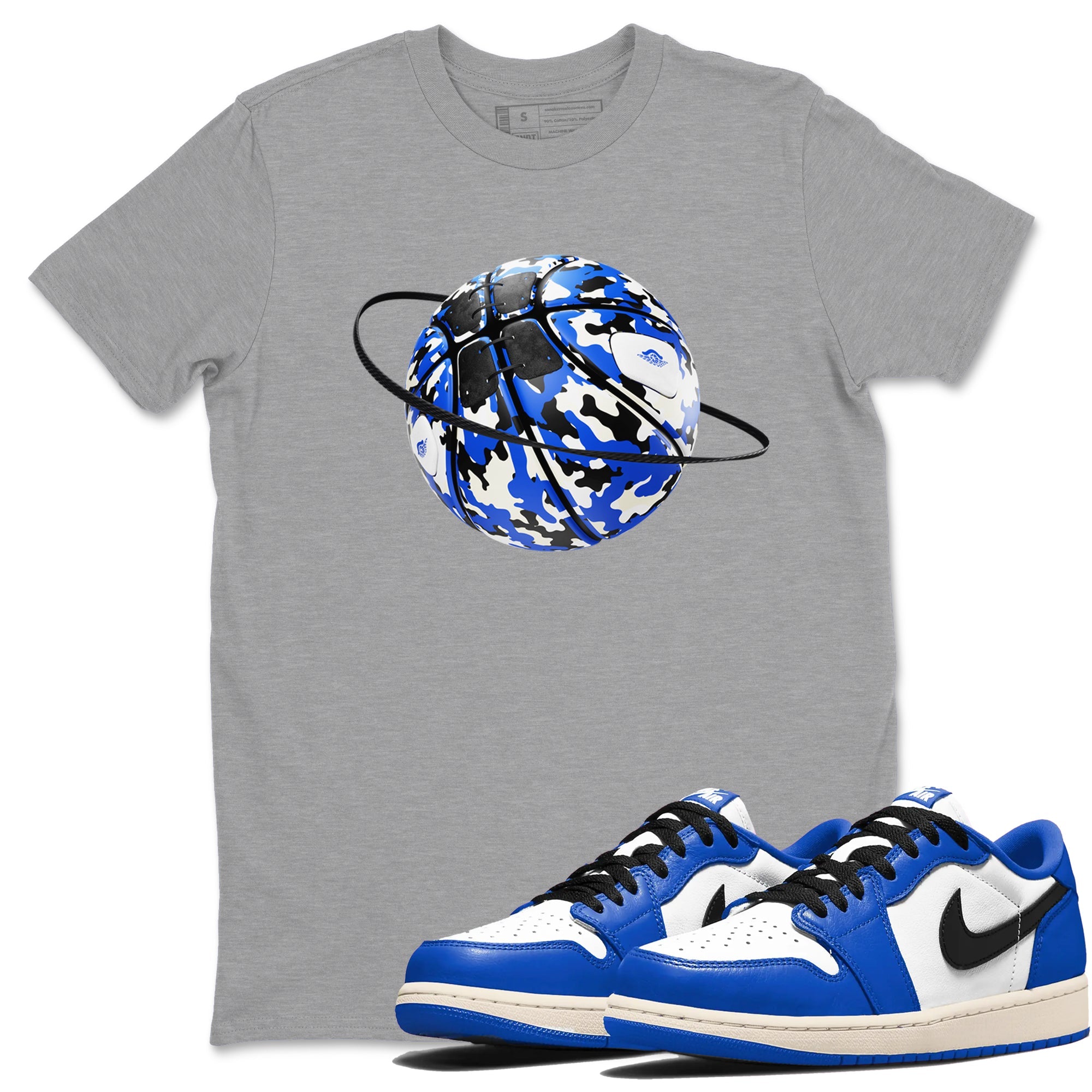 AJ1 Game Royal shirt to match jordans Camo Basketball Planet sneaker tees Air Jordan 1 Game Royal Drip Gear Zone unisex cotton Heather Grey 1 crew neck shirt