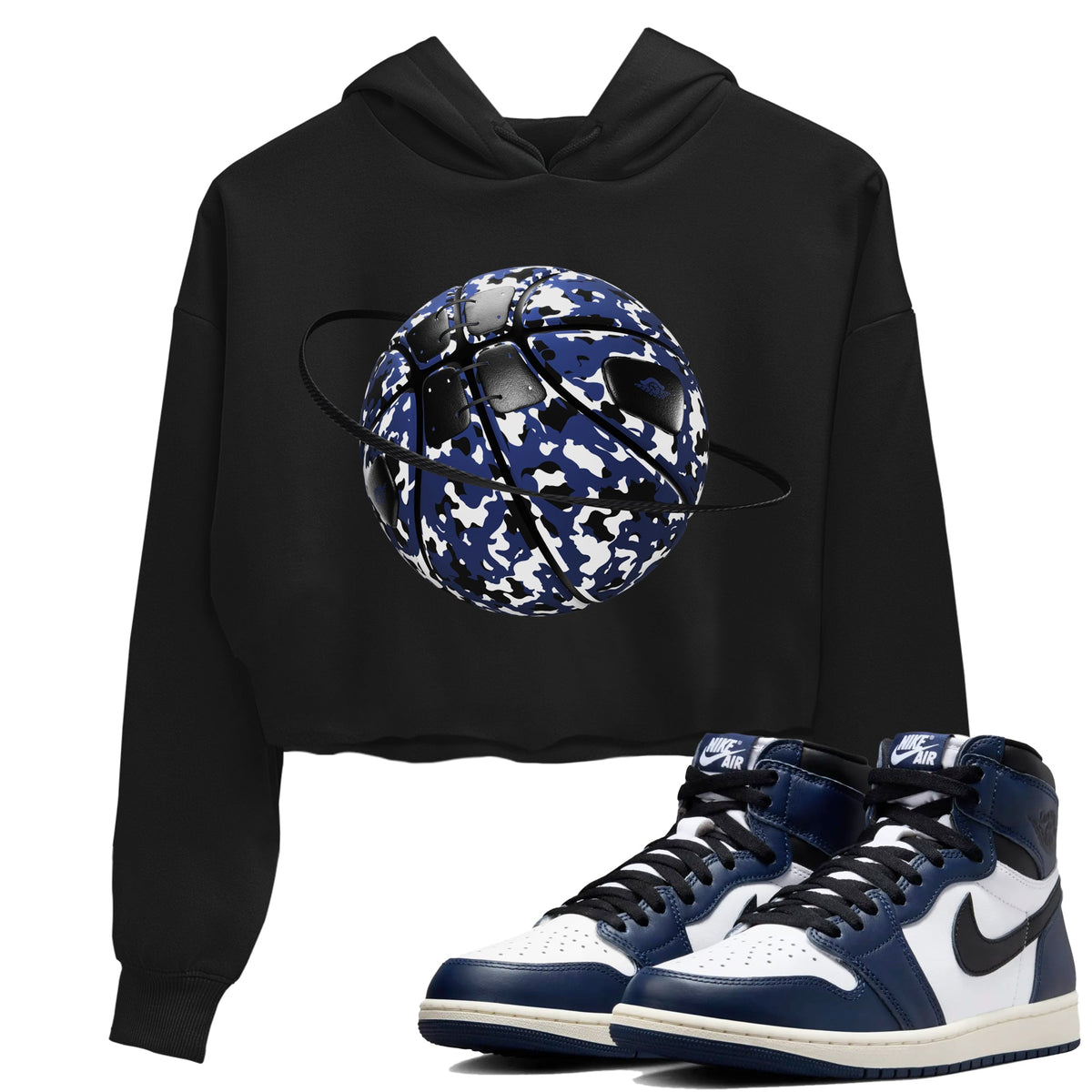 1s Midnight Navy shirts to match jordans Camo Basketball Planet sneaker match tees Air Jordan 1 Midnight Navy match shoes to clothes Drip Gear Zone unisex cotton Black 1 crop tee