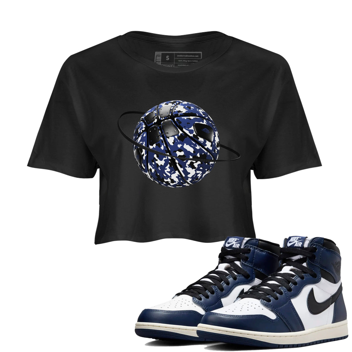 1s Midnight Navy shirts to match jordans Camo Basketball Planet sneaker match tees Air Jordan 1 Midnight Navy match shoes to clothes Drip Gear Zone unisex cotton Black 1 crop tee