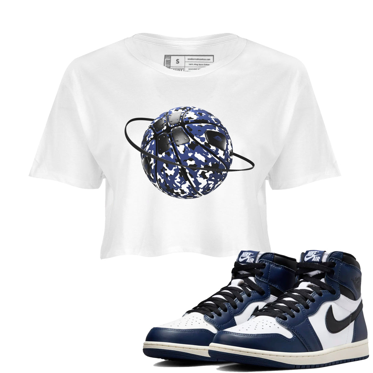 1s Midnight Navy shirts to match jordans Camo Basketball Planet sneaker match tees Air Jordan 1 Midnight Navy match shoes to clothes Drip Gear Zone unisex cotton White 1 crop tee