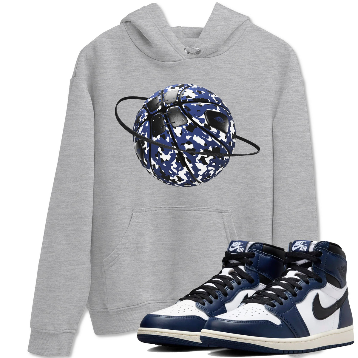 1s Midnight Navy shirts to match jordans Camo Basketball Planet sneaker match tees Air Jordan 1 Midnight Navy match shoes to clothes Drip Gear Zone unisex cotton Heather Grey 1 shirts