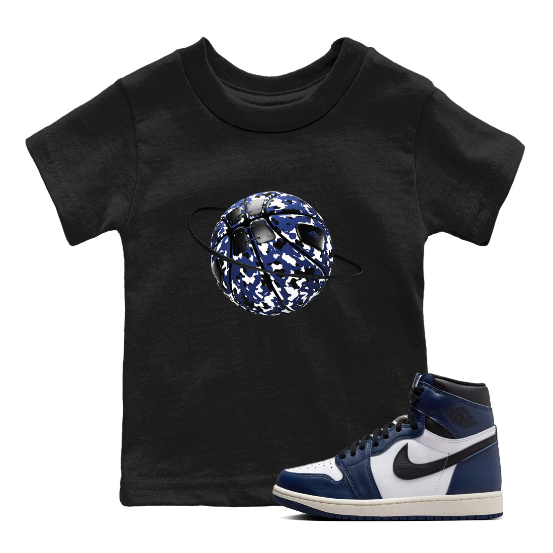 1s Midnight Navy shirts to match jordans Camo Basketball Planet sneaker match tees Air Jordan 1 Midnight Navy match shoes to clothes Drip Gear Zone Youth Baby Black 1 tee