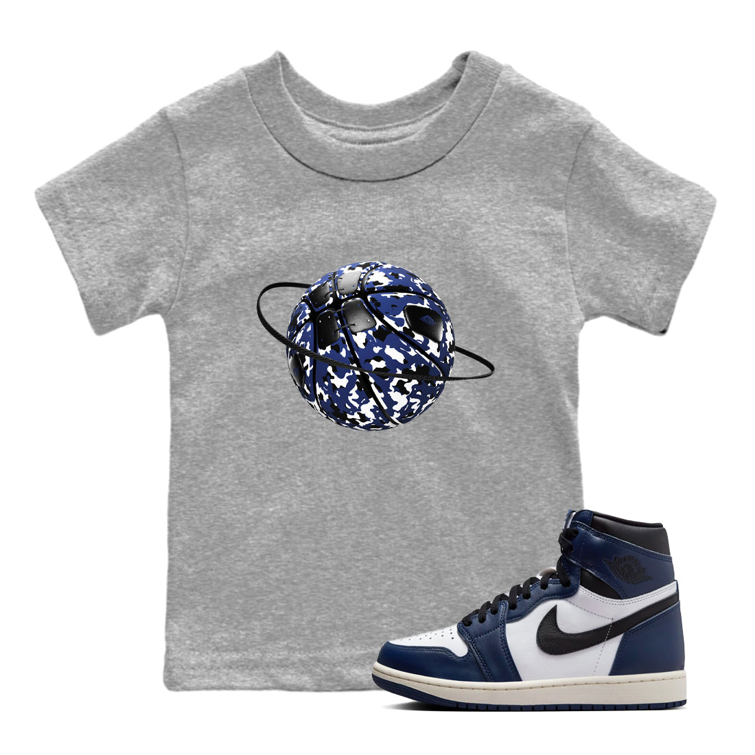 1s Midnight Navy shirts to match jordans Camo Basketball Planet sneaker match tees Air Jordan 1 Midnight Navy match shoes to clothes Drip Gear Zone Youth Baby Heather Grey 1 tee