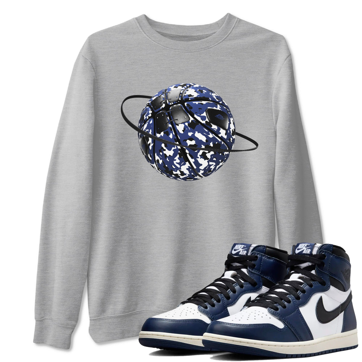 1s Midnight Navy shirts to match jordans Camo Basketball Planet sneaker match tees Air Jordan 1 Midnight Navy match shoes to clothes Drip Gear Zone unisex cotton Heather Grey 1 shirts