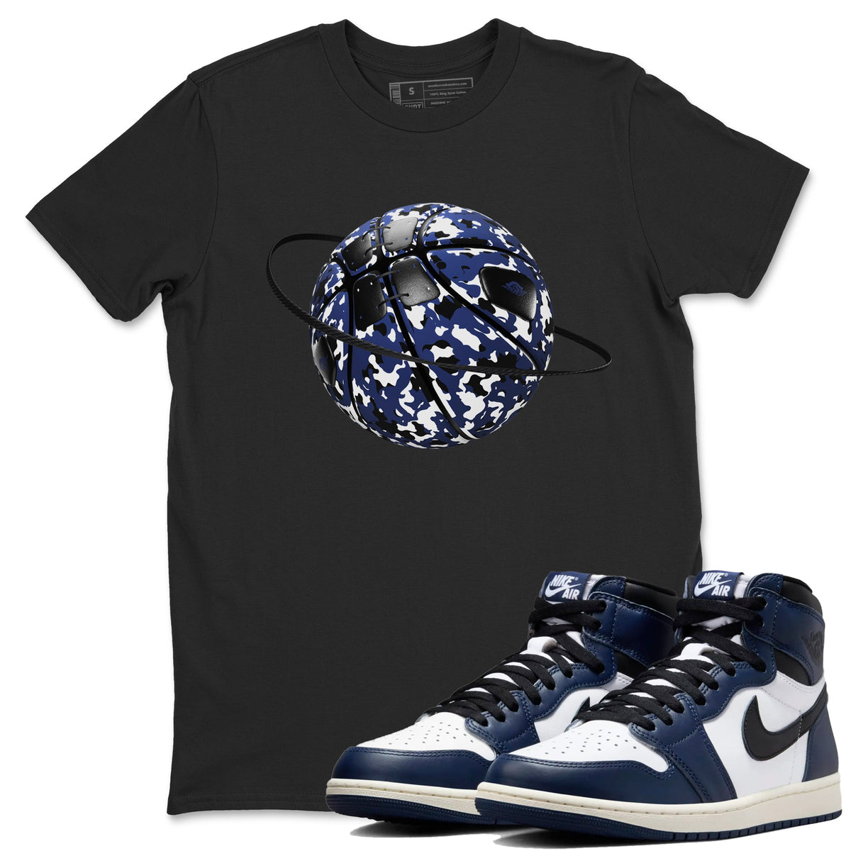 1s Midnight Navy shirts to match jordans Camo Basketball Planet sneaker match tees Air Jordan 1 Midnight Navy match shoes to clothes Drip Gear Zone unisex cotton Black 1 shirts