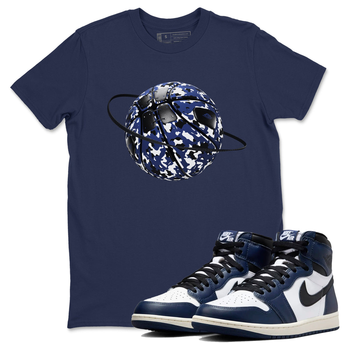 1s Midnight Navy shirts to match jordans Camo Basketball Planet sneaker match tees Air Jordan 1 Midnight Navy match shoes to clothes Drip Gear Zone unisex cotton Navy 1 shirts