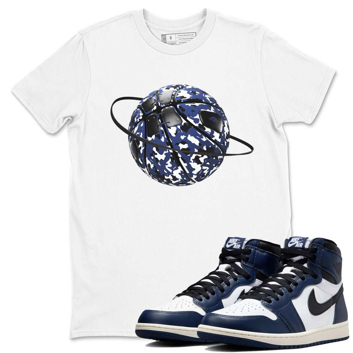 1s Midnight Navy shirts to match jordans Camo Basketball Planet sneaker match tees Air Jordan 1 Midnight Navy match shoes to clothes Drip Gear Zone unisex cotton White 1 shirts