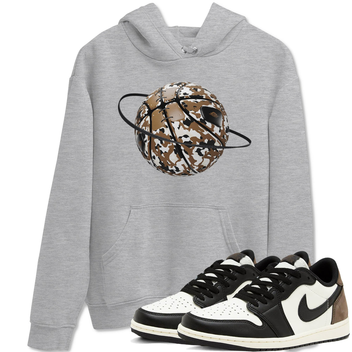 1s Low OG Mocha shirts to match jordans Camo Basketball Planet sneaker match tees Air Jordan 1 Mocha match shoes to clothes Drip Gear Zone unisex cotton Heather Grey 1 shirts