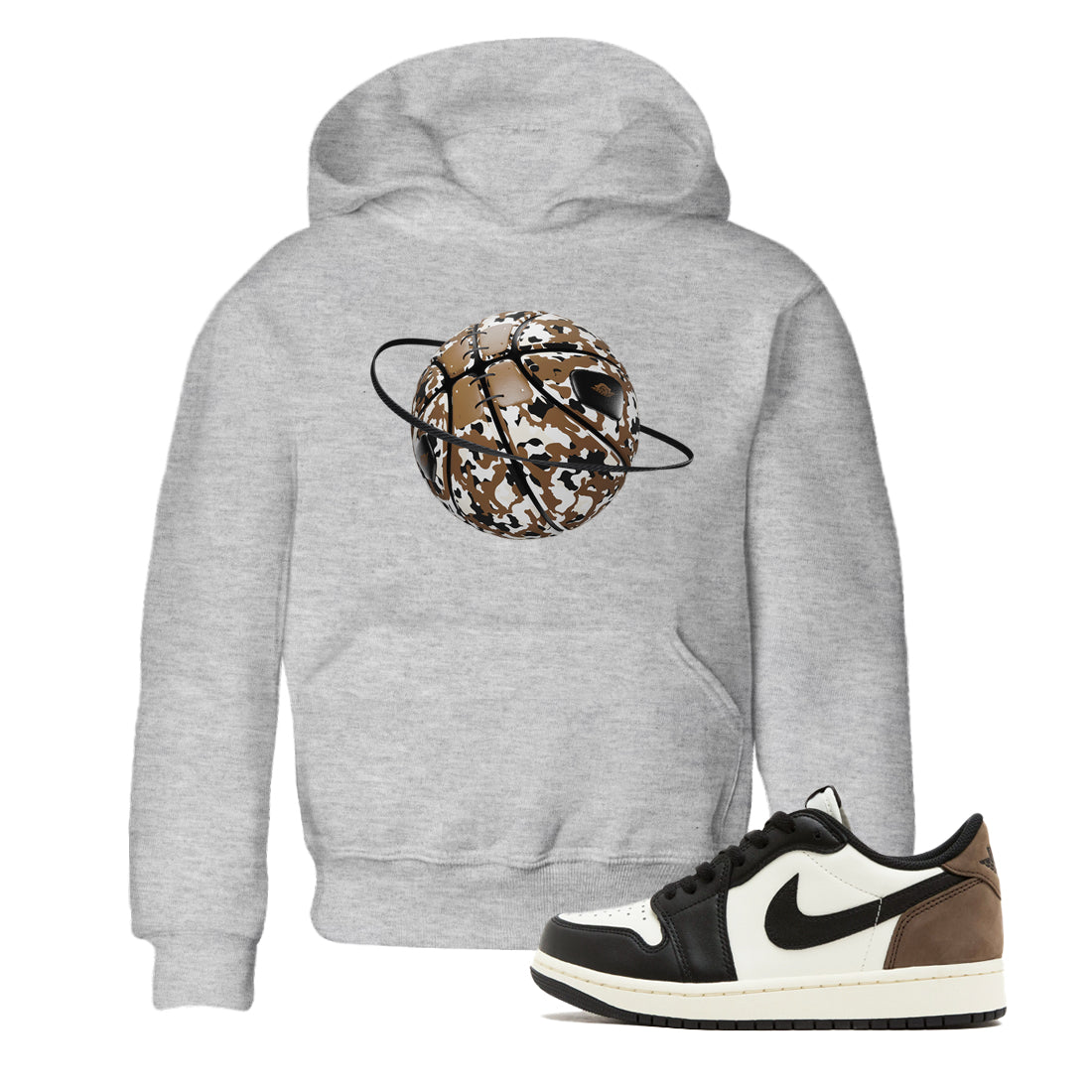 1s Low OG Mocha shirts to match jordans Camo Basketball Planet sneaker match tees Air Jordan 1 Mocha match shoes to clothes Drip Gear Zone Youth Baby Heather Grey 1 tee