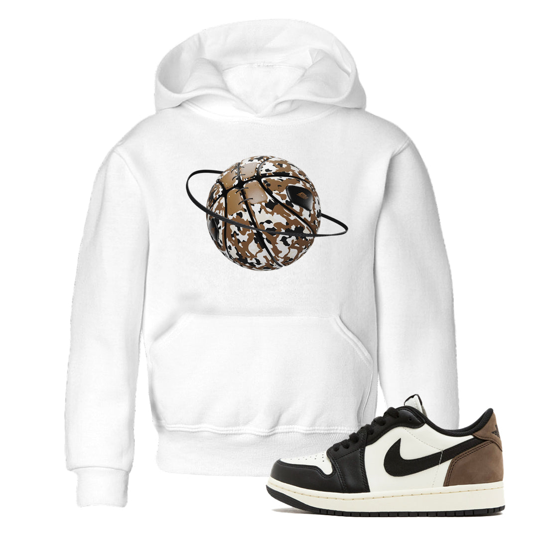 1s Low OG Mocha shirts to match jordans Camo Basketball Planet sneaker match tees Air Jordan 1 Mocha match shoes to clothes Drip Gear Zone Youth Baby White 1 tee