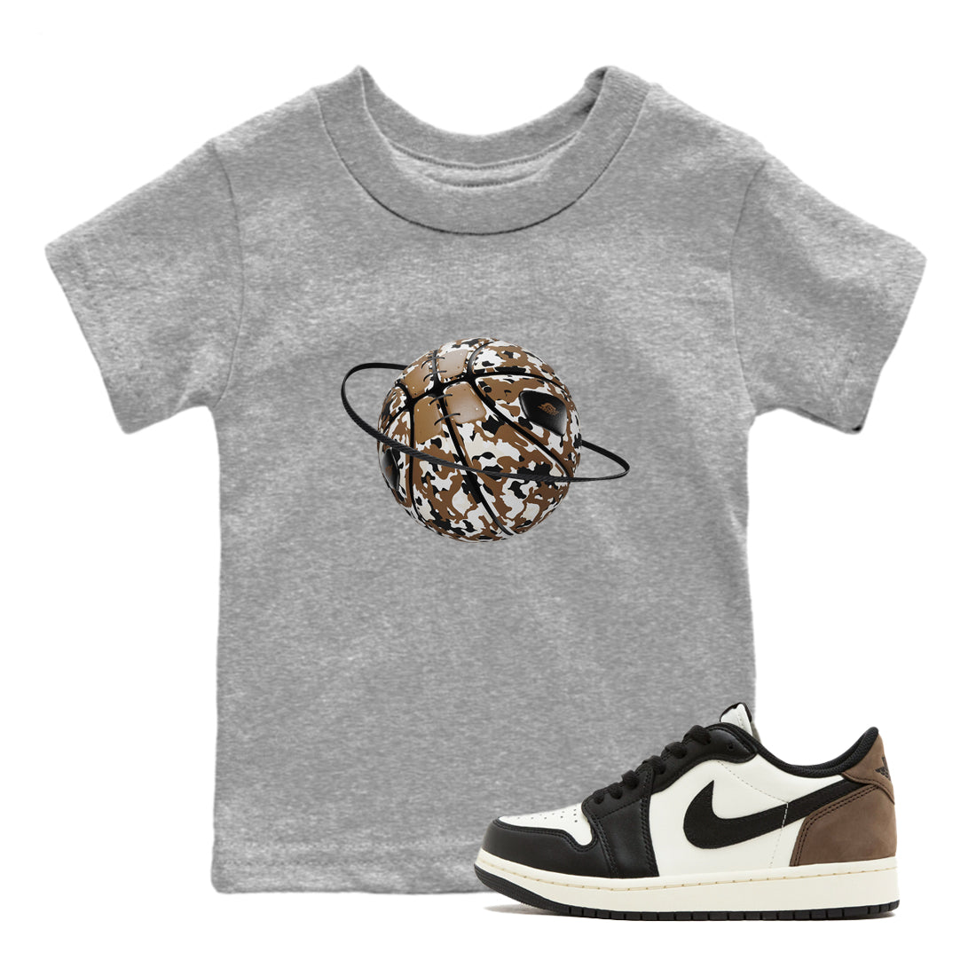 1s Low OG Mocha shirts to match jordans Camo Basketball Planet sneaker match tees Air Jordan 1 Mocha match shoes to clothes Drip Gear Zone Youth Baby Heather Grey 1 tee