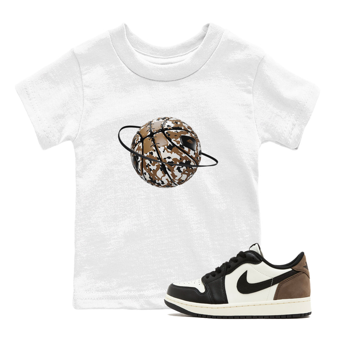 1s Low OG Mocha shirts to match jordans Camo Basketball Planet sneaker match tees Air Jordan 1 Mocha match shoes to clothes Drip Gear Zone Youth Baby White 1 tee