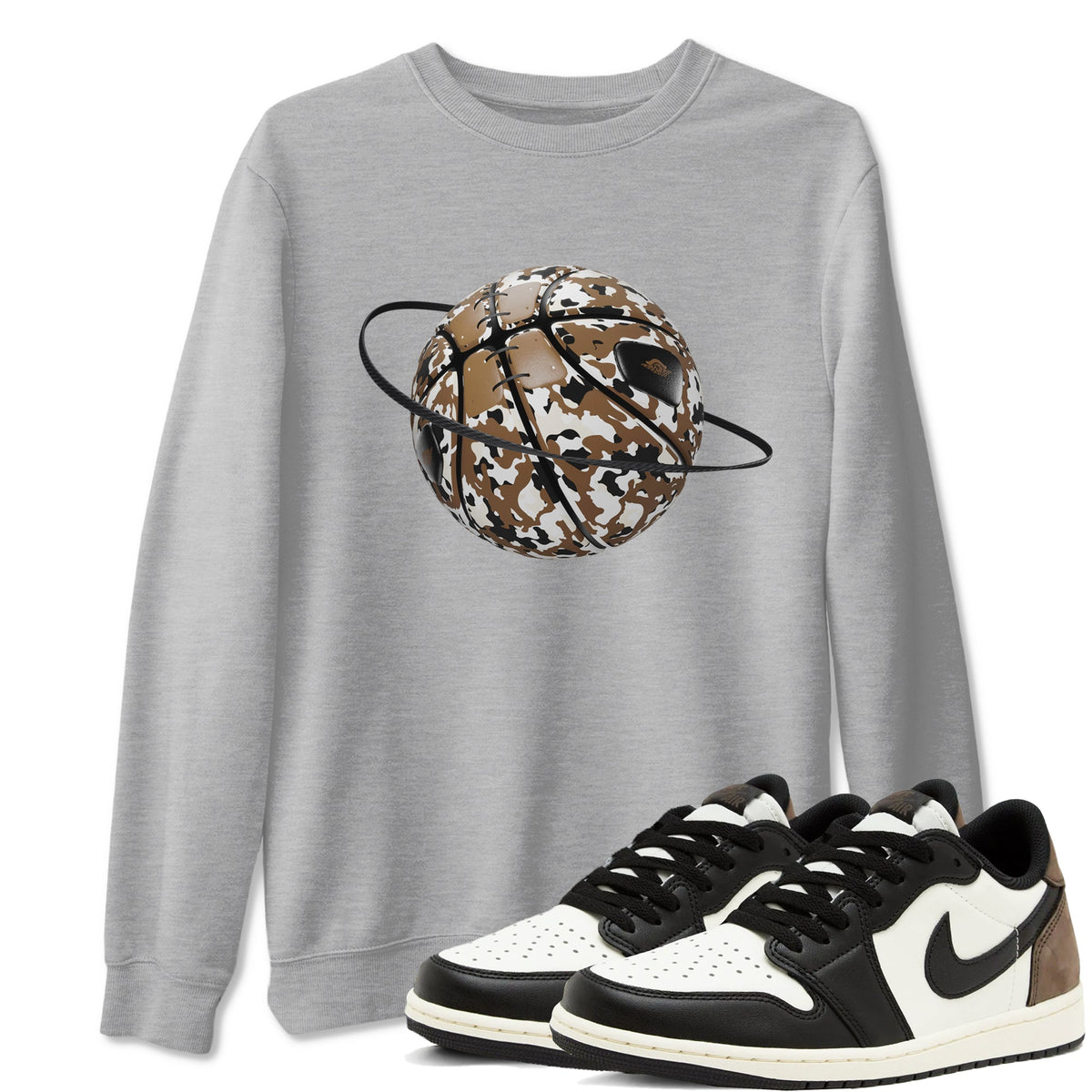 1s Low OG Mocha shirts to match jordans Camo Basketball Planet sneaker match tees Air Jordan 1 Mocha match shoes to clothes Drip Gear Zone unisex cotton Heather Grey 1 shirts
