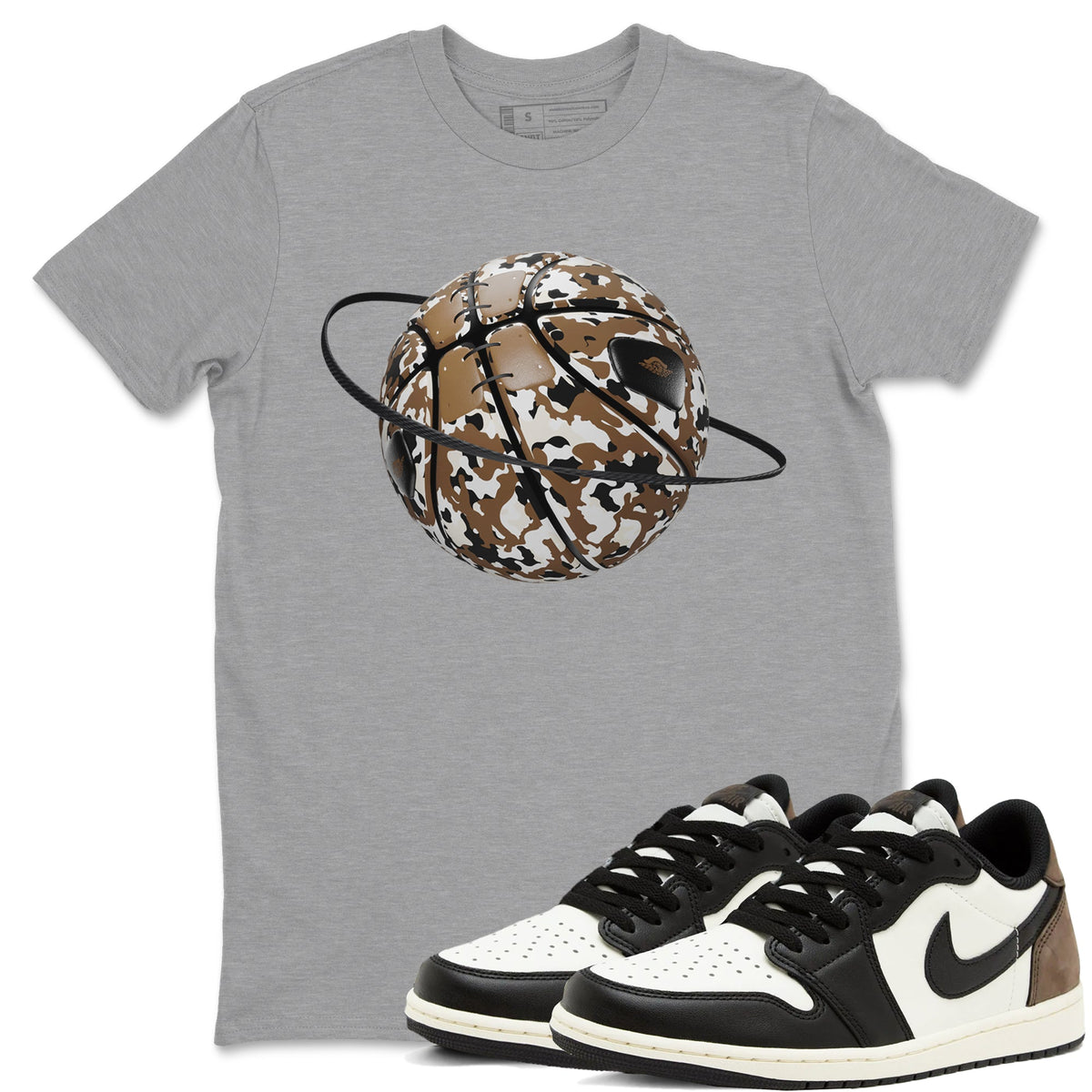 1s Low OG Mocha shirts to match jordans Camo Basketball Planet sneaker match tees Air Jordan 1 Mocha match shoes to clothes Drip Gear Zone unisex cotton Heather Grey 1 shirts
