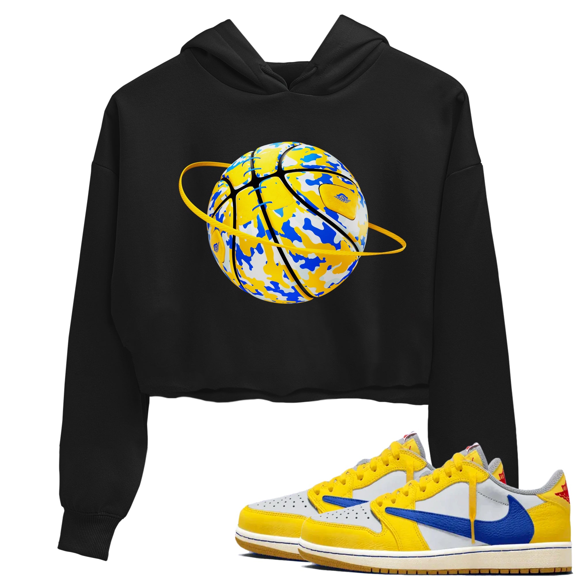 1s Travis Scott Canary shirt to match jordans Camo Basketball Planet sneaker tees Air Jordan 1 Travis Scott Canary Drip Gear Zone Black 1 crop length shirt