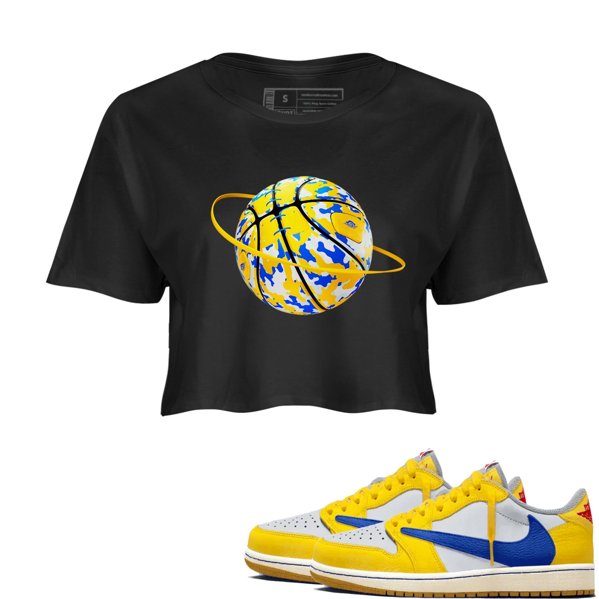 1s Travis Scott Canary shirt to match jordans Camo Basketball Planet sneaker tees Air Jordan 1 Travis Scott Canary Drip Gear Zone Black 1 crop length shirt