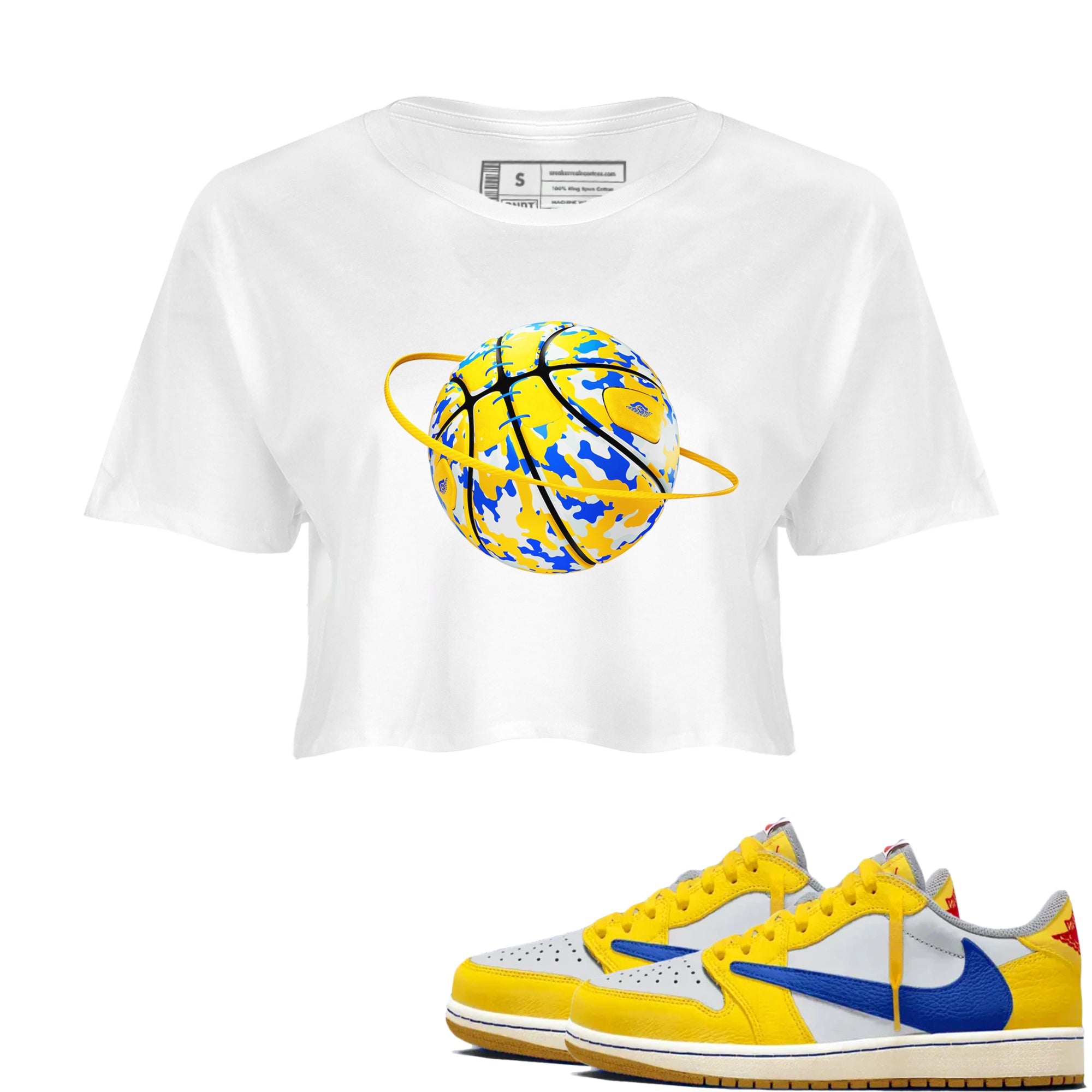 1s Travis Scott Canary shirt to match jordans Camo Basketball Planet sneaker tees Air Jordan 1 Travis Scott Canary Drip Gear Zone White 1 crop length shirt