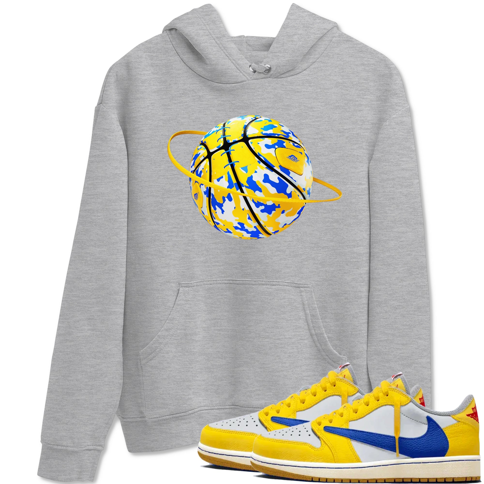 1s Travis Scott Canary shirt to match jordans Camo Basketball Planet sneaker tees Air Jordan 1 Travis Scott Canary Drip Gear Zone unisex cotton Heather Grey 1 crew neck shirt