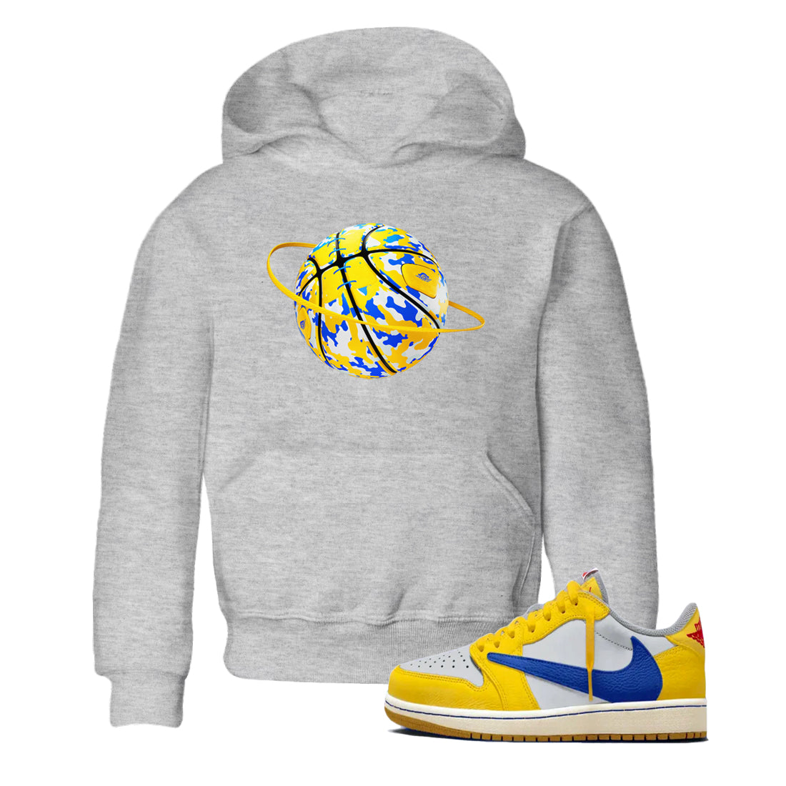 1s Travis Scott Canary shirt to match jordans Camo Basketball Planet sneaker tees Air Jordan 1 Travis Scott Canary Drip Gear Zone baby toddler Heather Grey 1 cotton Shirt