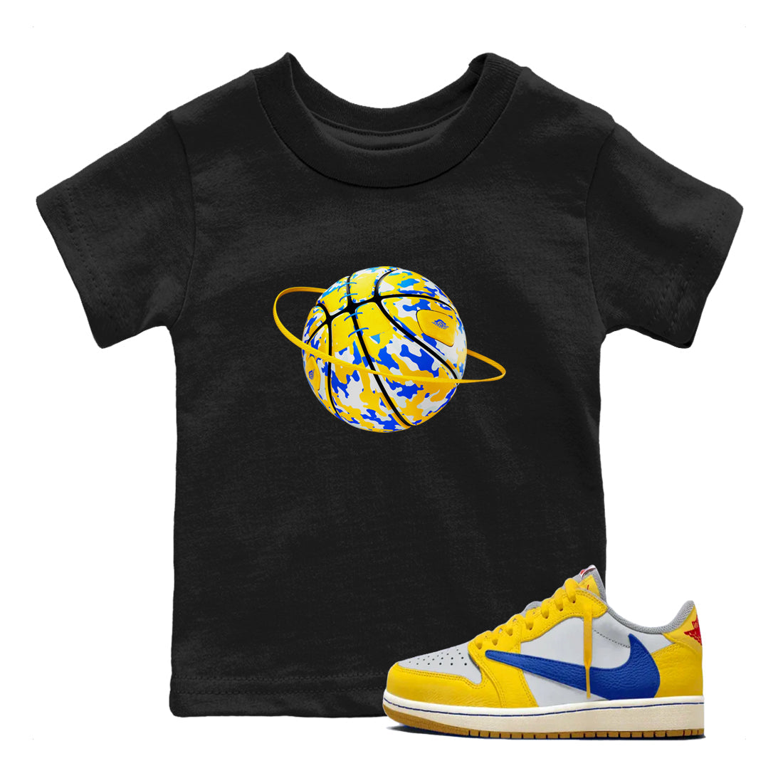 1s Travis Scott Canary shirt to match jordans Camo Basketball Planet sneaker tees Air Jordan 1 Travis Scott Canary Drip Gear Zone baby toddler Black 1 cotton Shirt