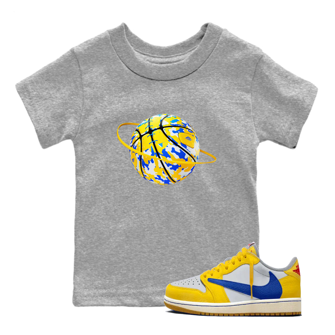 1s Travis Scott Canary shirt to match jordans Camo Basketball Planet sneaker tees Air Jordan 1 Travis Scott Canary Drip Gear Zone baby toddler Heather Grey 1 cotton Shirt