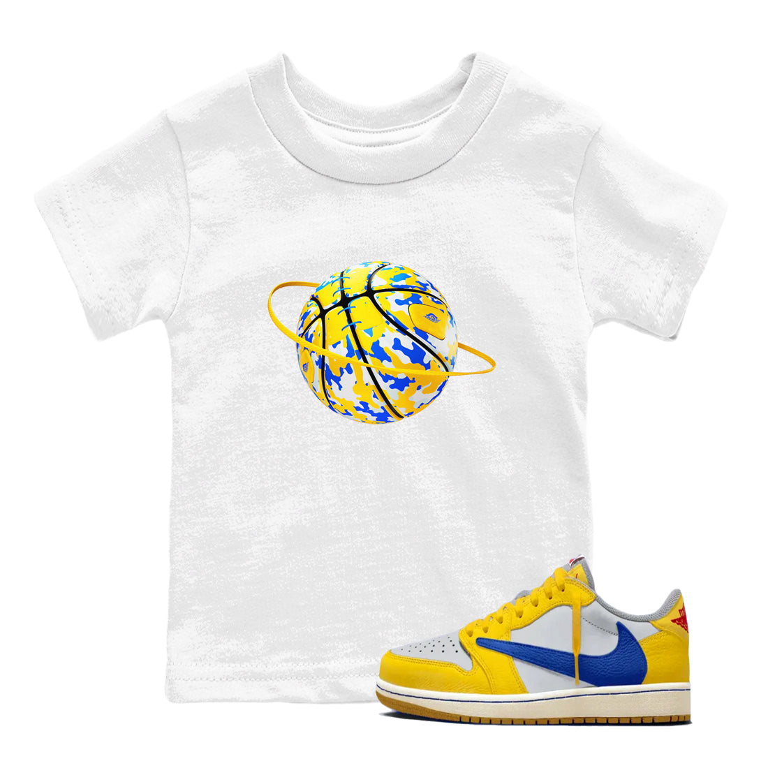 1s Travis Scott Canary shirt to match jordans Camo Basketball Planet sneaker tees Air Jordan 1 Travis Scott Canary Drip Gear Zone baby toddler White 1 cotton Shirt