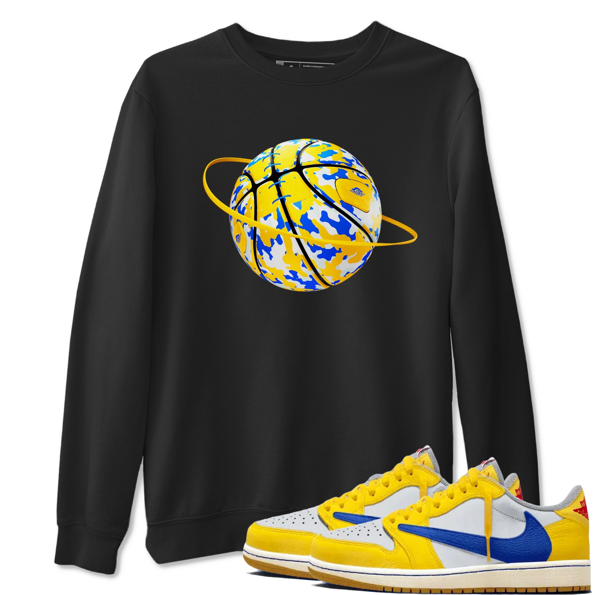 1s Travis Scott Canary shirt to match jordans Camo Basketball Planet sneaker tees Air Jordan 1 Travis Scott Canary Drip Gear Zone unisex cotton Black 1 crew neck shirt