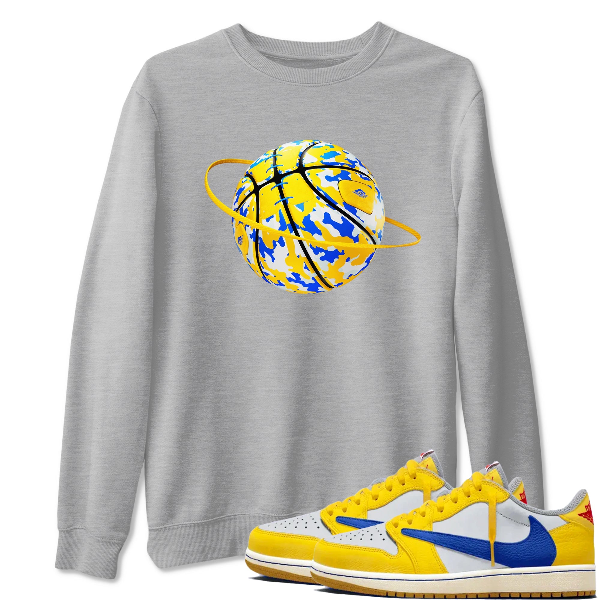 1s Travis Scott Canary shirt to match jordans Camo Basketball Planet sneaker tees Air Jordan 1 Travis Scott Canary Drip Gear Zone unisex cotton Heather Grey 1 crew neck shirt