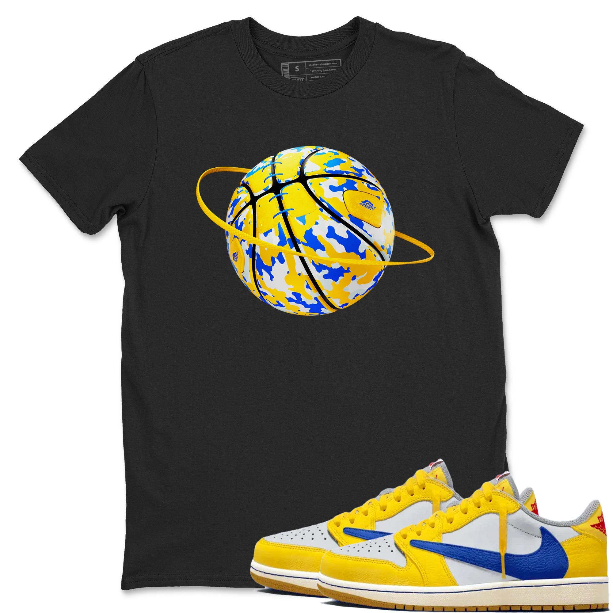 1s Travis Scott Canary shirt to match jordans Camo Basketball Planet sneaker tees Air Jordan 1 Travis Scott Canary Drip Gear Zone unisex cotton Black 1 crew neck shirt
