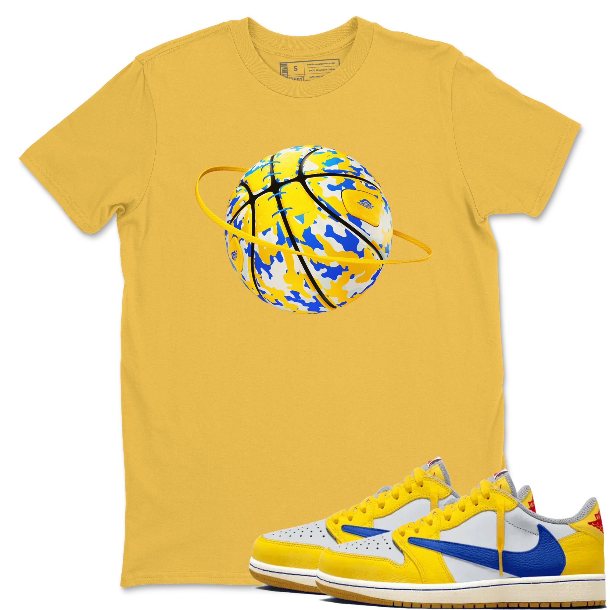 1s Travis Scott Canary shirt to match jordans Camo Basketball Planet sneaker tees Air Jordan 1 Travis Scott Canary Drip Gear Zone unisex cotton Daisy 1 crew neck shirt